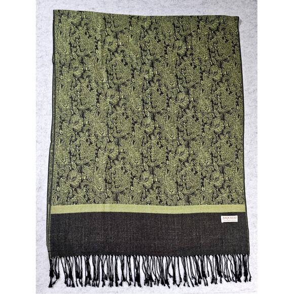 Pashmina Scarf /Wrap 70% Cashmere, 30% Silk Green Jacquard Fringe 28x72 New - Picture 2 of 6